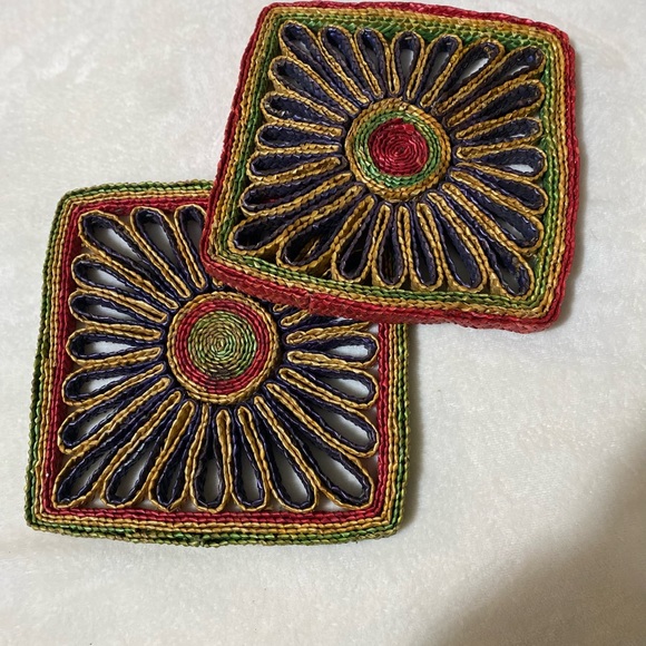 Paid of square woven rattan raffia straw trivets art hot pads from the 1970s - Picture 1 of 2